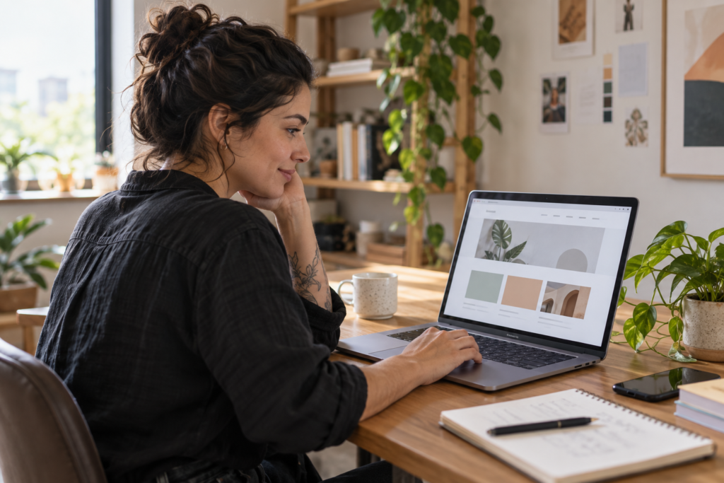 Empreendedora revisa o site da empresa em um notebook